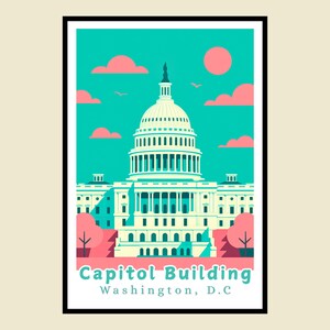Washington DC Framed Poster, Capitol Building Art, Vintage Travel Poster, Retro USA Print Wall Art, Minimalist Home Decor, Unique Gift Idea
