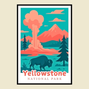 Yellowstone National Park Framed Poster, Travel Art Print, Wyoming Bison, Nature Wall Decor, Souvenir Gift, Travel Posters, Travel Gifts