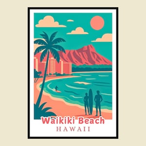 Waikiki Beach Framed Poster, Hawaii Travel Art, Diamond Head, Surf Art, Beach Scene, Vacation Gift, Retro Style, Tropical Home Office Decor