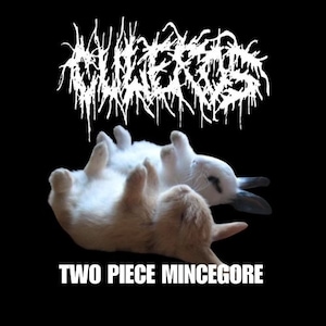 May include: Two white rabbits lying on their backs with the text "TWO PIECE MINCEGORE" below them. The text "OLIVEROS" is above the rabbits in a white, metal-like font.