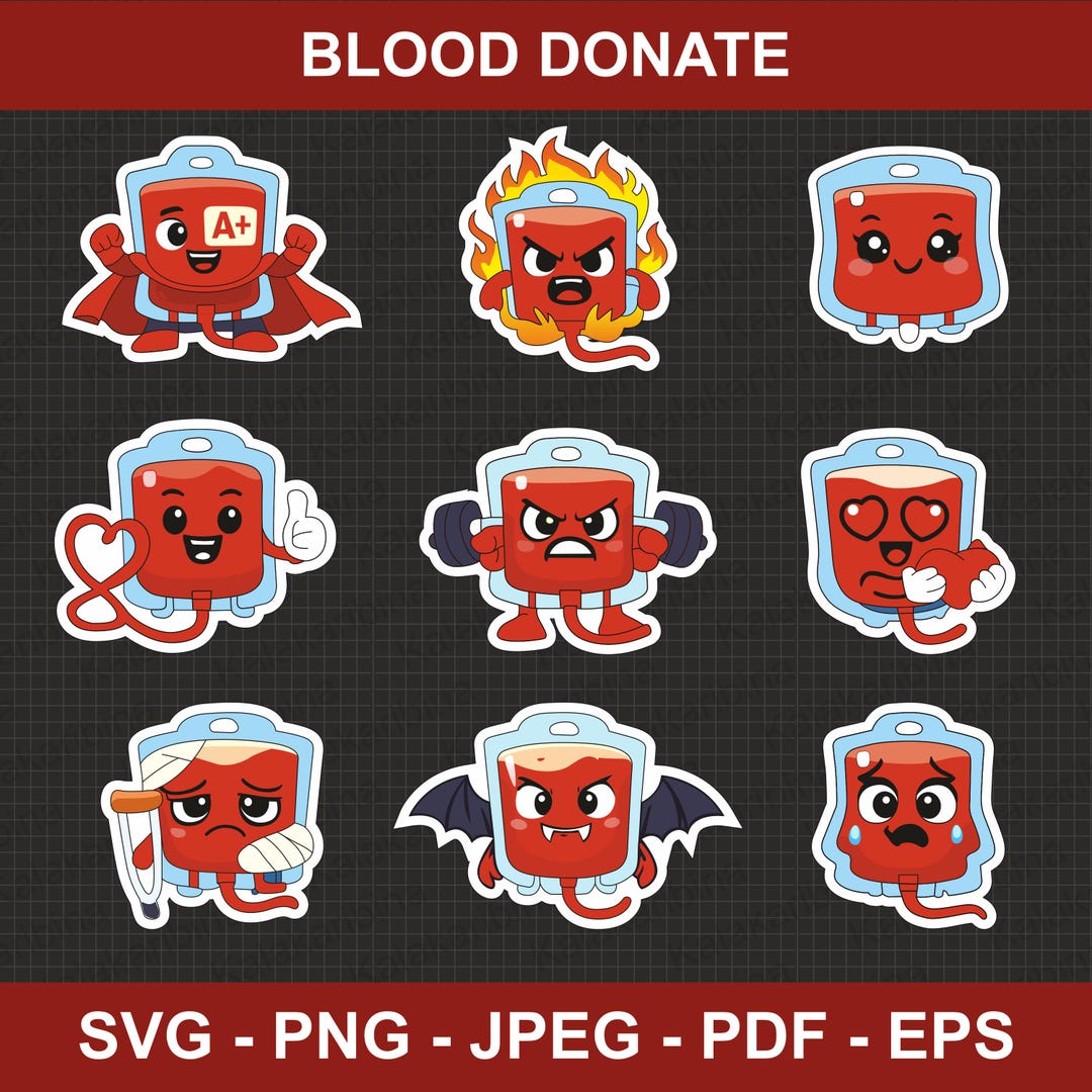 Blood Donate Stickers SVG PNG | Cute Blood Bag Cartoon Bundle | Medical ...
