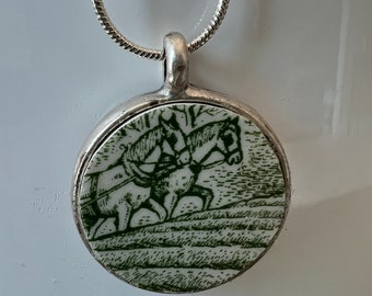 Broken china jewelry, statement pendant necklace, Pastoral Homer Laughlin, upcycled vintage, silver plated and 24 inch chain
