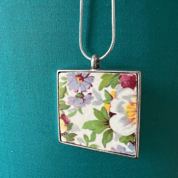 Broken china jewelry, gorgeous floral pendant necklace made from vintage Old Foley James Kent Du Barry