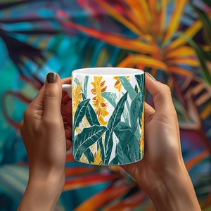 Hawaiian Turmeric  Mug - Tropical Ceramic Coffee Cup with Exotic Floral Print - Unique Island-Inspired Kitchen Decor Gift for Plant Lovers
