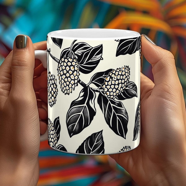 Tropical Noni Fruit Mug - Hawaiian Morinda Citrifolia Print Ceramic Cup for Coffee Lovers, Unique Island-Themed Gift