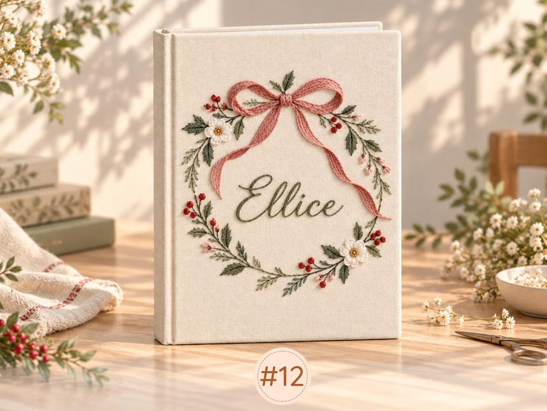 May include: A cream-colored fabric-covered book featuring an embroidered wreath design with green leaves, small red berries, and white flowers. A pink embroidered bow sits at the top of the wreath, and the name Ellice is stitched in dark green script.