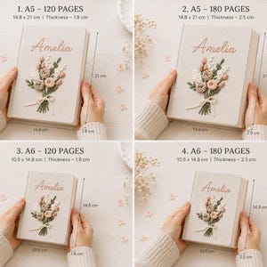 May include: Four beige notebooks with embroidered floral bouquets and the name Amelia. Options include A5 size with 120 or 180 pages, and A6 size with 120 or 180 pages. Dimensions range from 10.5 x 14.8 cm to 14.8 x 21 cm with 1.8 cm or 2.5 cm thickness.