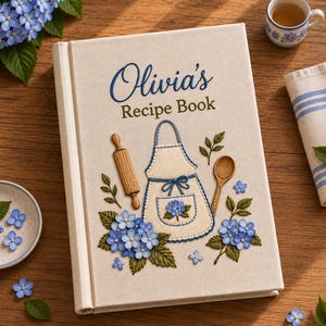 May include: A hardback recipe book with a cream-coloured fabric cover featuring embroidered blue hydrangea flowers, a tan rolling pin, a wooden spoon, and a white apron. The text Olivia's Recipe Book is embroidered in blue and green thread.