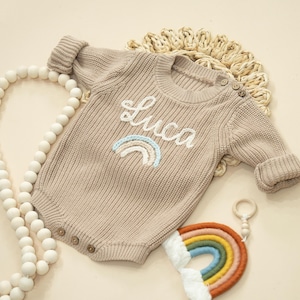 Baby Coming Home Custom Outfit, Infant Baby Personalized Hand Embroidered Knit Sweater Romper, Newborn Embroidered Name Baptism Sweater