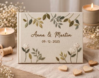 Custom Hand Embroidered Wedding Guest Book, Memory Book, Handmade Linen Fabric Hard Cover A5 Size Book, Guest Photo (no photo sleeves) Book