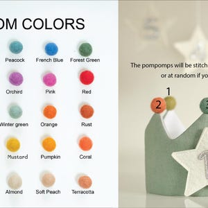 Op de afbeelding: Een tabel met 25 verschillende gekleurde viltpompons, met de namen van elke kleur eronder vermeld. De pompons zijn gerangschikt in vijf rijen van vijf. De tabel heeft de titel "Pom Pom Colors".  Aan de rechterkant van de afbeelding is een groene viltkroon te zien met een witte ster en het nummer 1 erop. De pompons worden in de volgorde 1-5 genaaid die u selecteert, of willekeurig als u geen selectie maakt.