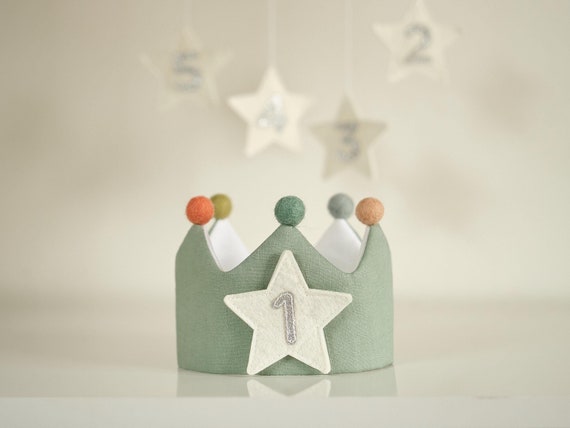 Birthday Crown with Silver Sparkling Numbers and Stars, Personalized Gifts, Number Crown for First Birthday Party, Customized Linen Crowns