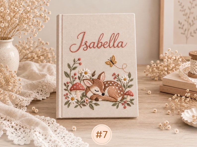 May include: A cream-colored notebook featuring an embroidered design of a sleeping fawn surrounded by mushrooms, white flowers, and a small butterfly. The name Isabella is embroidered in a cursive script at the top of the cover.