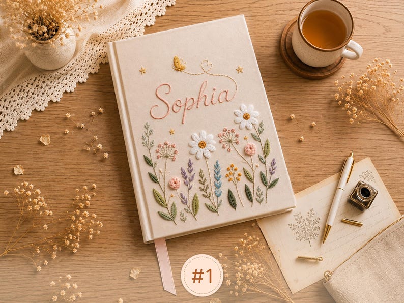 Pode incluir: Um di&aacute;rio de capa dura na cor creme com desenhos florais bordados em tons de branco, rosa, azul e verde. O nome Sophia est&aacute; bordado com linha rosa acima das flores, acompanhado por uma pequena borboleta amarela e estrelas.