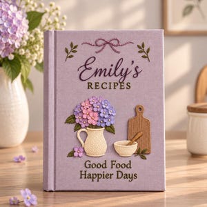 May include: A lavender-coloured recipe book featuring embroidered details including a pink bow, a bouquet of purple and pink hydrangeas in a cream pitcher, a wooden cutting board, and a small bowl. The text reads Emily's RECIPES and Good Food Happier Days.