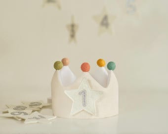 Birthday Crown with Silver Sparkling Numbers and Stars, Personalized Gifts, Number Crown for First Birthday Party, Customized Linen Crowns