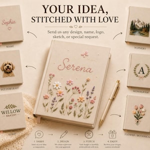Pode incluir: Uma cole&ccedil;&atilde;o de cadernos revestidos em tecido bege com designs bordados personalizados, incluindo nomes, retratos de animais de estima&ccedil;&atilde;o, logotipos, paisagens, monogramas e motivos florais. O caderno central exibe o nome Serena com flores bordadas.