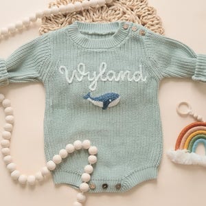 Newborn Coming Home Custom Outfit, Infant Baby Personalized Hand Embroidered Knit Sweater Romper, Newborn Embroidered Name Baptism Sweater