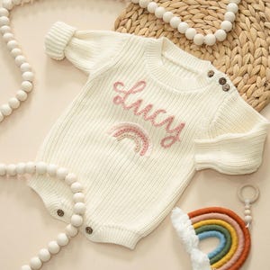 Infant Baby Personalized Hand Embroidered Knit Sweater, Newborn Home Coming Custom Sweater Romper, Newborn Embroidered Name Baptism Sweater