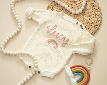 Infant Baby Personalized Hand Embroidered Knit Sweater, Newborn Home Coming Custom Sweater Romper, Newborn Embroidered Name Baptism Sweater