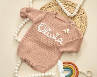 Newborn Girl Coming Home Custom Outfit, Infant Baby Personalized Hand Embroidered Knit Sweater Romper, Newborn Embroidered Name Sweater