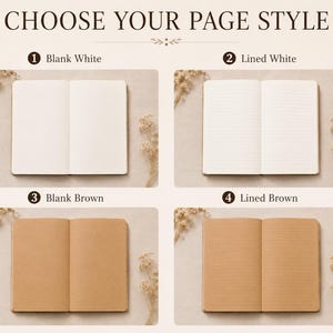 Pode incluir: Uma grade de quatro cadernos abertos intitulada CHOOSE YOUR PAGE STYLE. As op&ccedil;&otilde;es incluem 1 Blank White, 2 Lined White, 3 Blank Brown e 4 Lined Brown. Cada caderno &eacute; exibido como uma p&aacute;gina dupla mostrando a cor e o pautado interno.