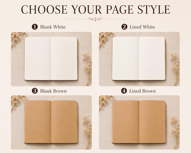 Pode incluir: Uma grade de quatro cadernos abertos intitulada CHOOSE YOUR PAGE STYLE. As op&ccedil;&otilde;es incluem 1 Blank White, 2 Lined White, 3 Blank Brown e 4 Lined Brown. Cada caderno &eacute; exibido como uma p&aacute;gina dupla mostrando a cor e o pautado interno.