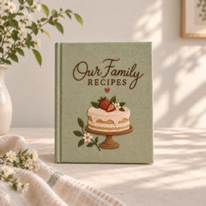 May include: A sage green fabric-covered recipe book featuring the embroidered text Our Family RECIPES with a small red heart. Below the text is an embroidered layer cake on a brown pedestal stand, topped with strawberries and white flowers.