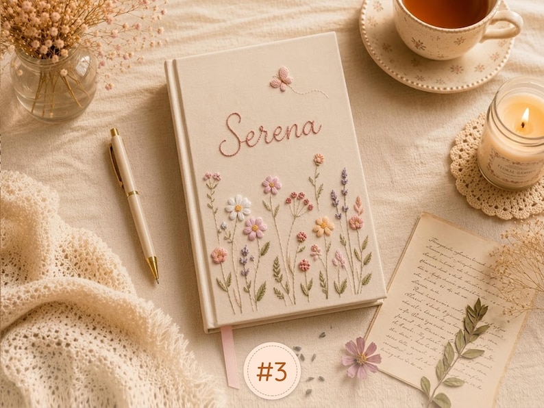 Pode incluir: Um di&aacute;rio de capa dura na cor creme com flores silvestres bordadas em tons de rosa, amarelo e roxo, com o nome Serena costurado em letra cursiva e uma pequena borboleta acima. Uma caneta creme a condizer repousa ao lado do di&aacute;rio.