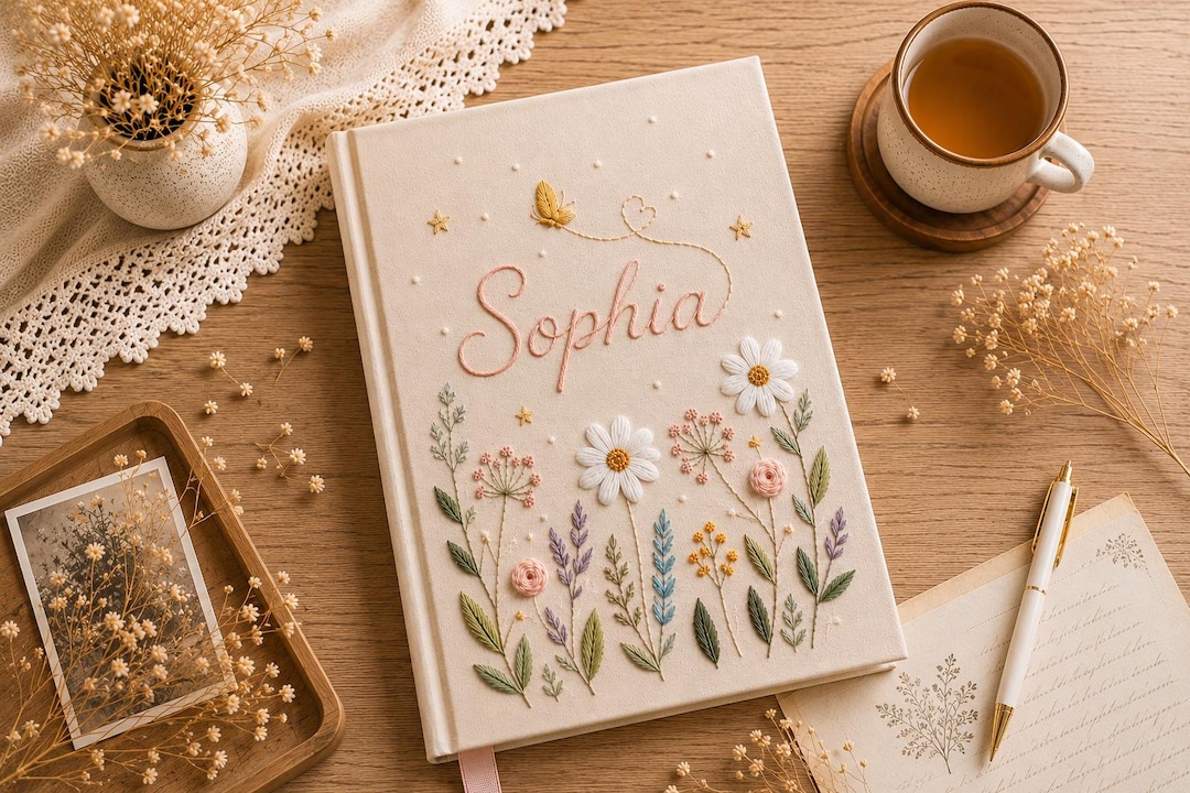 Personalized Custom Hand Embroidered Journal Notebook A5 A6, Linen Fabric Hard Cover Noteb