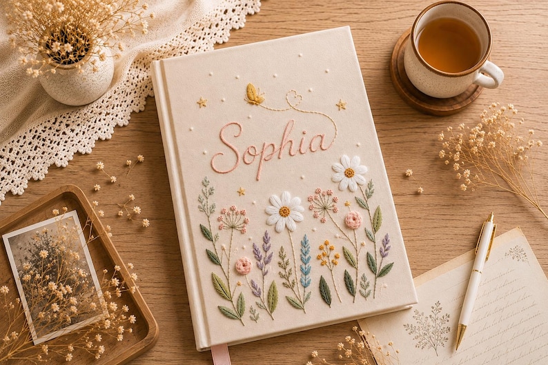 Pode incluir: Um di&aacute;rio de capa dura na cor creme com um intrincado bordado floral na capa. O nome Sophia est&aacute; bordado em letra cursiva rosa acima de um arranjo colorido de margaridas, lavanda, flores silvestres e uma pequena borboleta amarela.