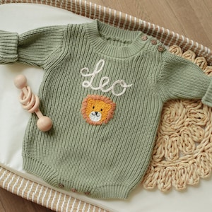 Newborn Coming Home Custom Outfit, Infant Baby Personalized Hand Embroidered Knit Sweater Romper, Newborn Embroidered Name Baptism Sweater
