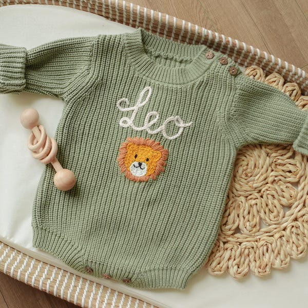 Traje personalizado para recién nacidos que llegan a casa, mameluco de punto bordado a mano personalizado para bebés, suéter de bautismo con nombre bordado para recién nacidos