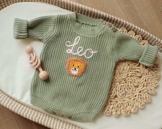 Newborn Coming Home Custom Outfit, Infant Baby Personalized Hand Embroidered Knit Sweater Romper, Newborn Embroidered Name Baptism Sweater