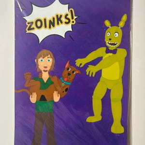 May include: A rectangular art print on a purple background featuring a cartoon character with brown hair in a green shirt holding a brown dog with a blue collar. To the right, a yellow rabbit character with a purple bowtie stands. Text reads ZOINKS!