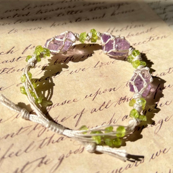 Lavender Dreams Crystal Bracelet with Peridot Accents - Handcrafted Macrame Purple Crystal Woven Bracelet