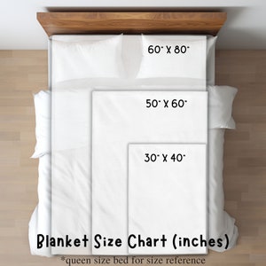 May include: A chart showing different blanket sizes in inches, with a queen-sized bed for reference. The sizes are 30 x 40 inches, 50 x 60 inches, and 60 x 80 inches.