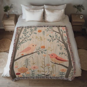 Faux Embroidered Birds in a Forest Tapestry Blanket • Woven Bird Blanket • Woven Tapestry Wall Hanging • Nature Blanket