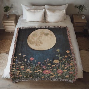 Dark Cottagecore Floral Moon Woven Tapestry Blanket • Fairycore Tapestry Wall Hanging • Whimsigoth Decor • Fleece Throw Blanket