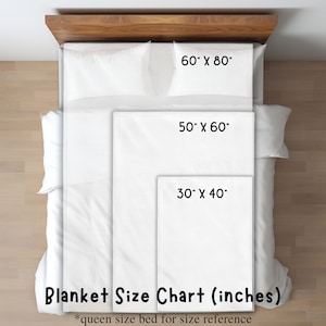 May include: A chart showing different blanket sizes in inches, with a queen-sized bed for reference. The sizes are 30 x 40 inches, 50 x 60 inches, and 60 x 80 inches.