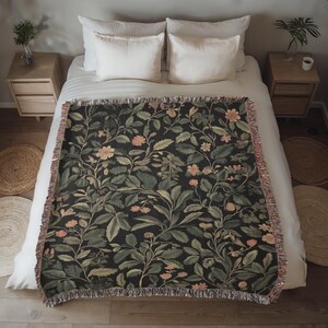 Dark Cottagecore Floral Woven Tapestry Blanket • Forest Tapestry Wall Hanging • William Morris Style Forestcore Blanket • Verdure Tapestry