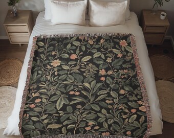 Dark Cottagecore Floral Woven Tapestry Blanket • Forest Tapestry Wall Hanging • William Morris Style Forestcore Blanket • Verdure Tapestry