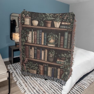 Dark Academia Bookcase Woven Tapestry Blanket • William Morris Style Blanket • Dark Cottagecore Tapestry Wall Hanging • Whimsigoth Decor