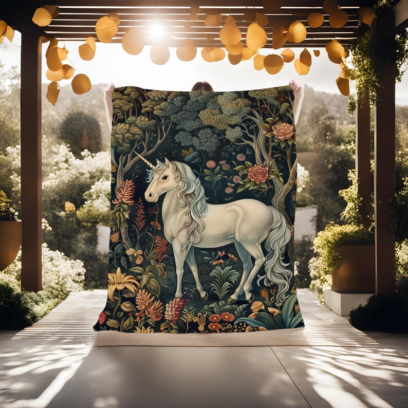 May include: A white unicorn with a silver horn stands in a lush, colorful forest. The unicorn is surrounded by flowers and greenery, creating a magical and whimsical scene.