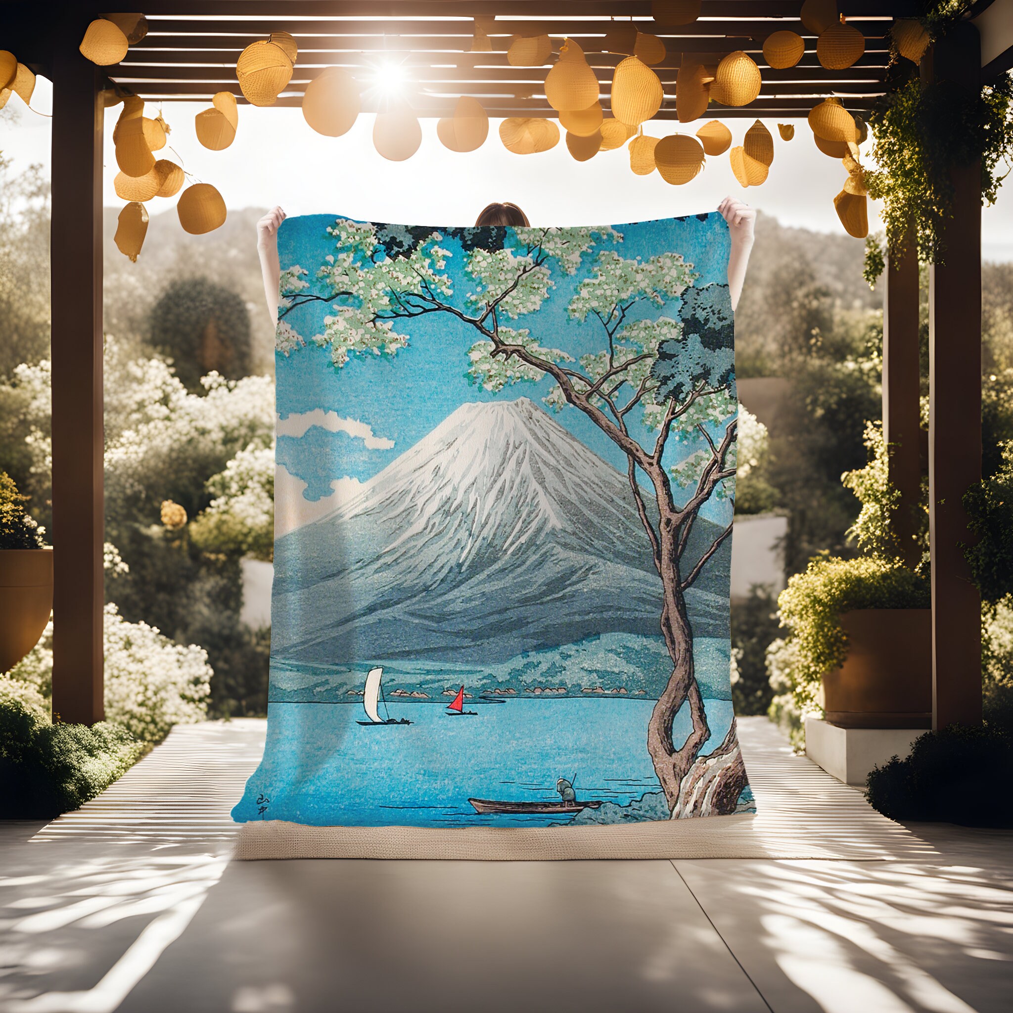 富士山 水墨画 折りたたみ式屏風 160cm x 90cm Japanese Mountain Tapestry Blanket, Woven Wall Hanging Tapestry