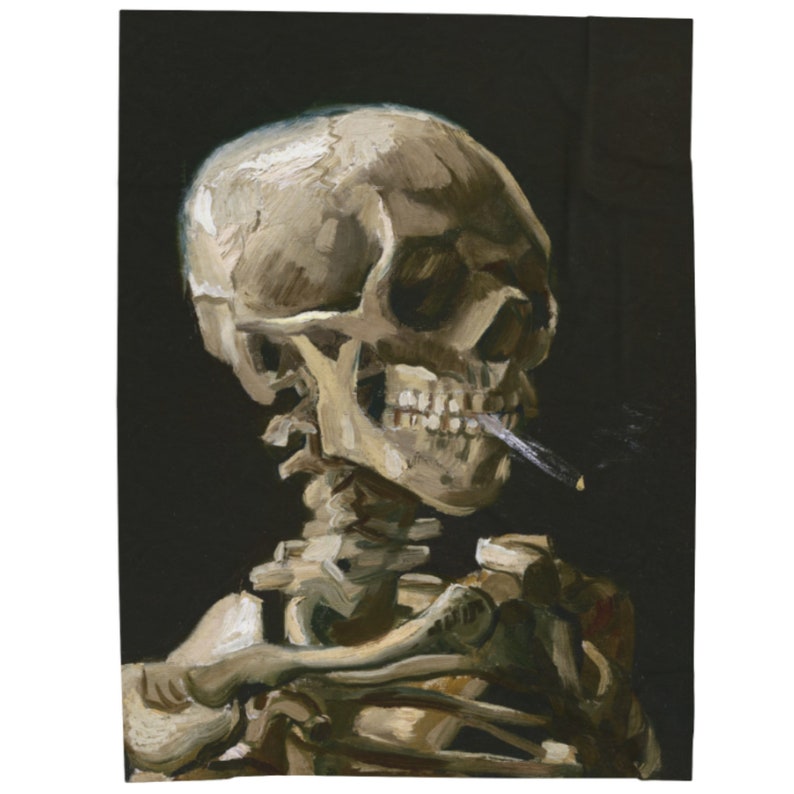 May include: A painting of a human skull with a cigarette in its mouth. The skull is painted in a realistic style, with details of the teeth and bone structure. The background is a dark, almost black, color.