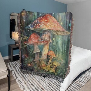Magic Mushroom Tapestry Blanket, Cottagecore Woven Wall Hanging Tapestry, Watercolor Mushroom Blanket, Forestcore, Whimsigoth Decor