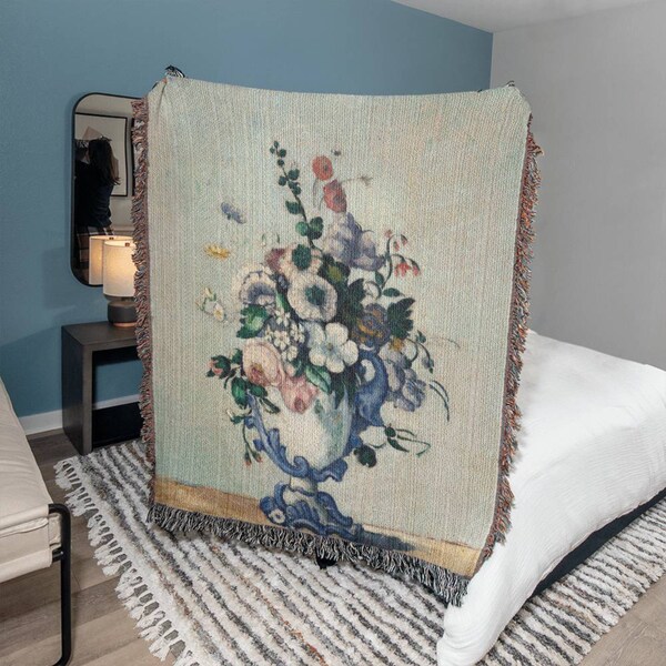 Rococo Vase Still Life by Cezanne Tapestry Blanket, Woven Wall Hanging French Oil Painting Tapestry, Whimsigoth Decor, Retro French Painting