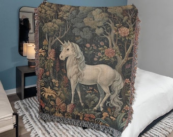Einhorn im verwunschenen Wald Gobelin Decke • Mittelalterlicher Wandbehang • Mittelalterliche Decke • Fairycore Dekor • Cottagecore