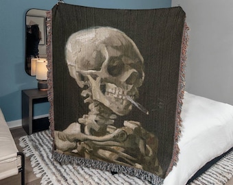Woven Wall Hanging Gothic Tapestry Blanket, Skeleton with Cigarette Van Gogh Throw Blanket, Woven Tapestry, Horror Blanket, Whimsigoth Decor